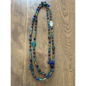 Vintage MultiStone Resin Glass Bead Necklace 30” Unsigned Heavy Multi-Colored